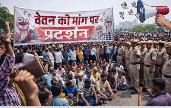 फरीदाबाद में वेतन मांग पर प्रदर्शन