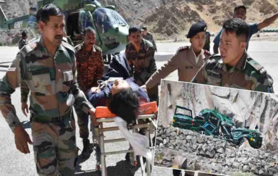लद्दाख के डर्बुक में सेना की गाड़ी पर गिरी चट्टान